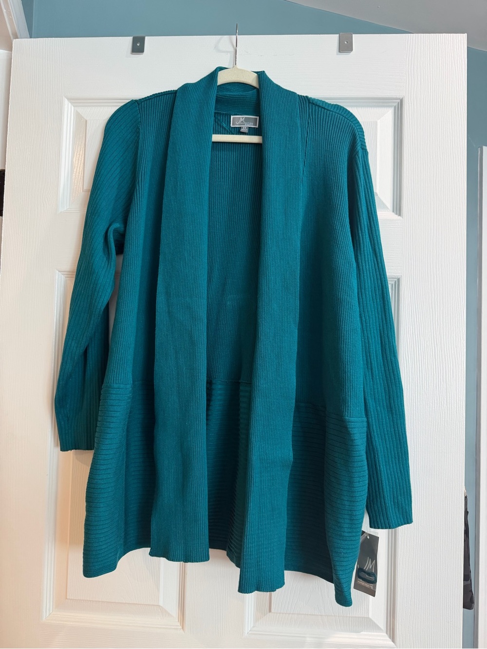 JM Collection Teal Open-Front Ribbed Cardigan